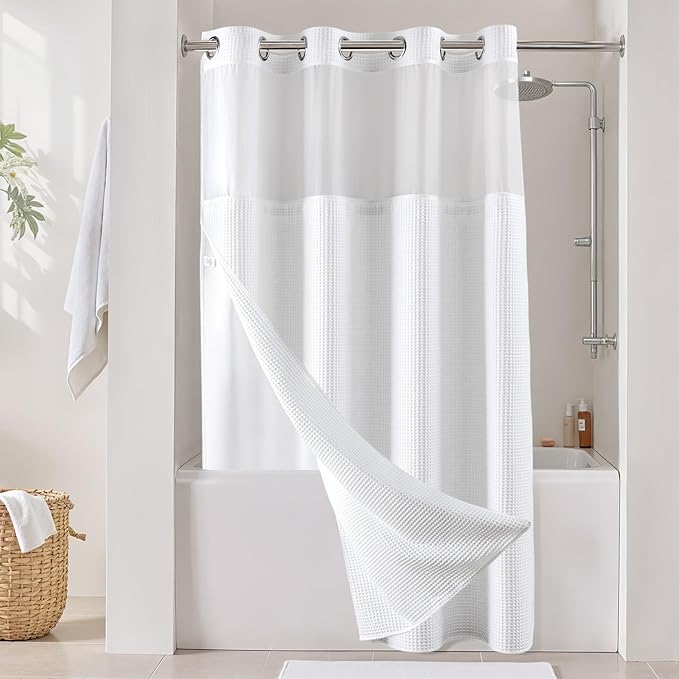 River Dream White Fabric Shower Curtain Set, Cotton Blend, Waffle Weave, with Snap in Replacement Liner，54 x 80 inches