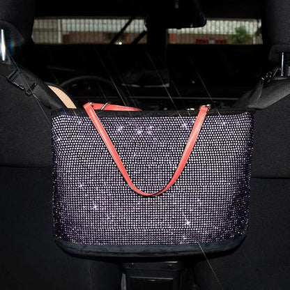 eing Crystal Car Organizers and Storage Purse Holder, Car Seat Back Net Handbag Accessories with Bling Diamonds for Women, Car Pet Barrier for Dogs and Kids, Purple