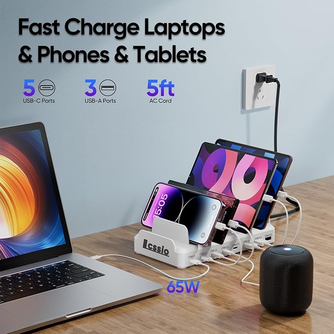 300W Charging Station for Multiple Devices, 8 Port Multi USB C Fast Charger