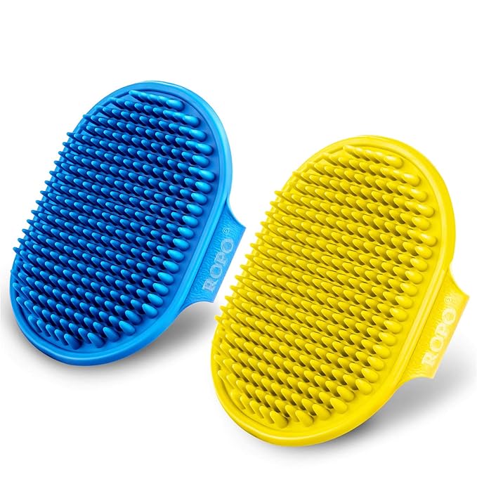 ROPO Dog Bath Brush, Dog Shampoo Brush Soothing Massage Rubber Comb with Adjustable Ring Handle for Long Short Haired Dogs and Cats 2pcs