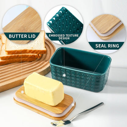 Hasense Ceramic Butter Dish with Lid, Large Butter Container for Countertop Airtight Butter Stick Covered Keeper, Embossed Pattern,Easy Clean Dishwasher Safe, Green