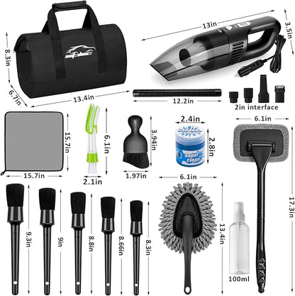 AUTODECO Car Cleaning Kit, Car Vacuum Interior Detailing Cleaner Kit with High Power Handheld Vacuum, Brush Set, Windshield Tool, Duster, Towels, Complete Car Care Tools for Women (Black)