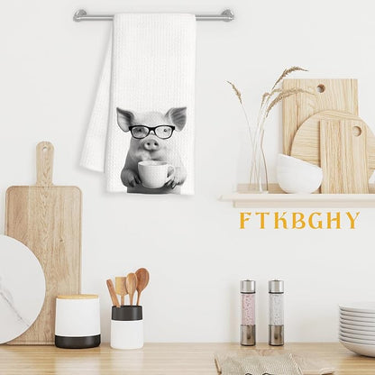 Funny Pig Decor Coffee Kitchen Towels Gift, Pig Gifts for Women, Coffee Gifts for Women, Animal Lover Gift Decorative Dish Hand Tea Towels for Kitchen Home Bar Decor, 16x24 Inch