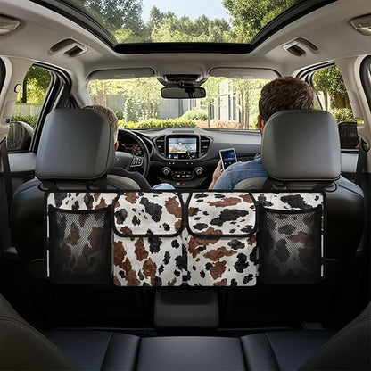 Large Capacity Car Backseat Trunk Organizer with Adjustable Straps Black Hanging Brown Cow Spots Trunk Storage Bag