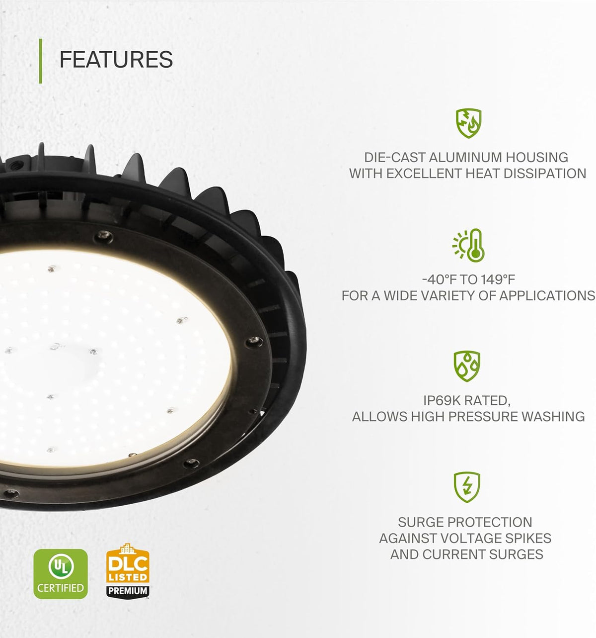 ASD LED High Bay UFO Light Fixture, Commercial Shop Lighting | Dimmable, IP69K Waterproof, DLC Premium, UL Listed | 200W 29000LM 3500K 100-277V | Warehouse, Garage, Workshop, Barn Lamp | Black, 6 Pack