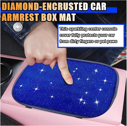 11.9''×8.4'' Bling Car Center Console Cover, Crystal Diamond Elbow Pillow Car Armrest Seat Box Cover, Soft Arm Rest Protective Cushion Pad for Women Girls, Auto Interior Decor for Car SUV (Blue)