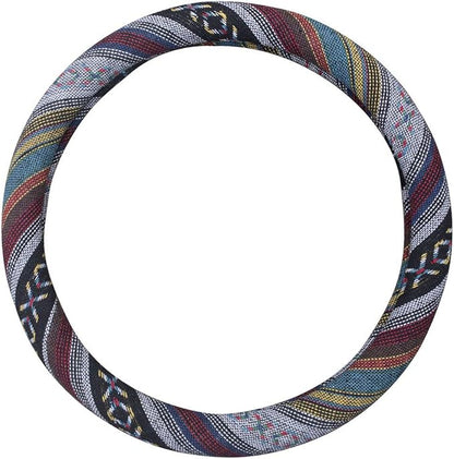 Medium Ethnic Style Coarse Flax Cloth Automotive Steering Wheel Cover Anti Slip and Sweat Absorption Auto Car Wrap Cover (14.5''-15'',E)