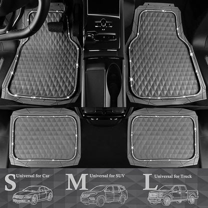 CAR PASS Bling Diamond Rubber Car Mats, Heavy Duty Deep Dish All-Weather Floor Mat Full Set Anti-Slip 3D Rhombus Waterproof Trim Fit Liner Universal Glitter Sparkly Shining Rhinestone, Gray Rubber