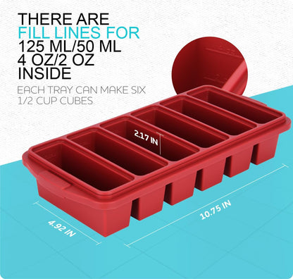 1/2 Cup Silicone Freezer Tray With Lid - Silicone Freezer Molds 2-Pack For meal prep & freezing of various sauces and other dishes, makes 12 perfect 1/2 cup portions cubes,oven and dishwasher safe