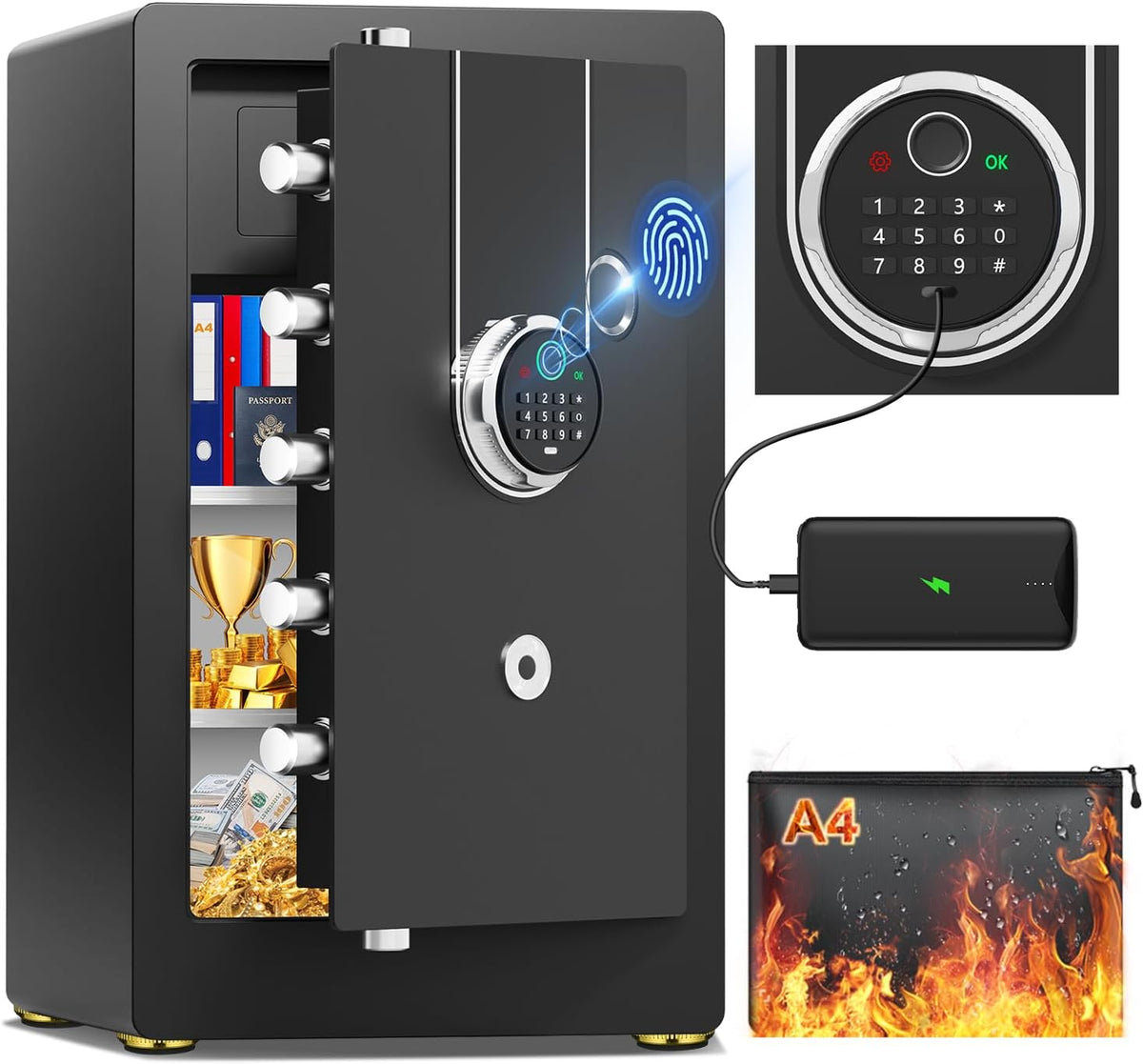 27.56 Inches Tall Heavy Duty Biometric Safe Box with Fireproof Waterproof Bag, Large Document Storage Anti-Theft Dual Alerts, Mute Mode, Digital Security for Business