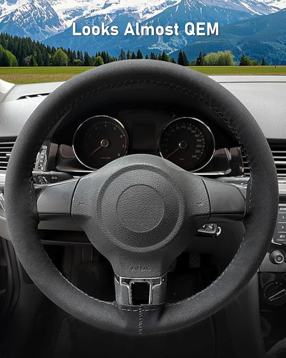 BELINOUS Suede Leather Steering Wheel Cover, DIY Stitch-On Steering Wheel Wrap with Needle & Thread, Non-Slip & Sweat-Absorbing, Universal Fit for 13.75-16 Inch (Size L6, Black)