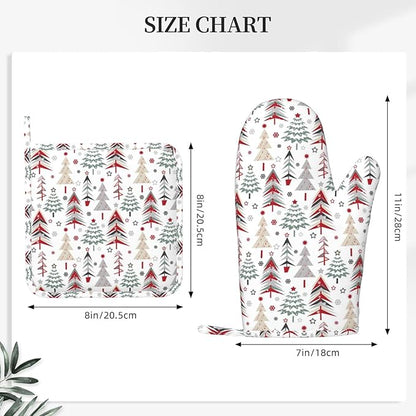Christmas Trees Oven Mitts and Pot Holders Set, 4pcs Silicone Winter Snowflake Pattern Oven Glove for Kitchen Heat Resistant Christmas Oven Mitts and Potholders Non-Slip for Cooking