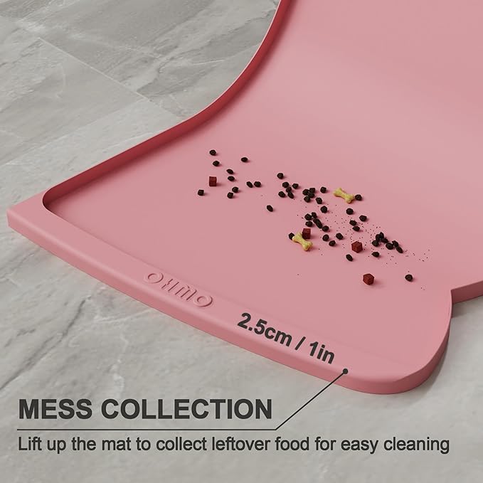 OHMO Dog Food Mat(Pink, 24 * 15'') w/Residue Collection Pocket Silicone Pet Feeding Mat for Floor High Edges Anti Spills Waterproof Cat Water Bowl Tray, Easy Clean Placemat