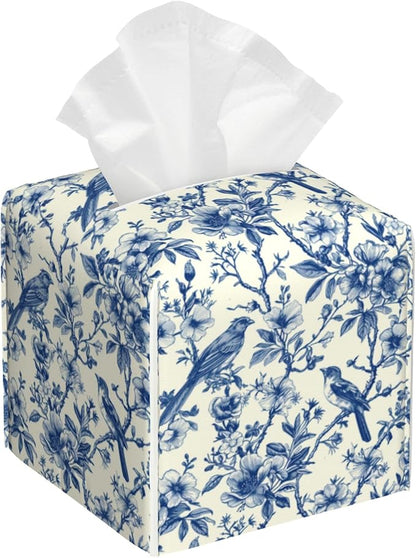 BLYKVGHQ Bird on Blooming Branches Tissue Box Cover Square, Blue Flower Tissue Box Holder with Bottom Belt Leather Facial Paper Organizer Dispenser for Bathroom Bedroom Dresser Night Stand Tabletop