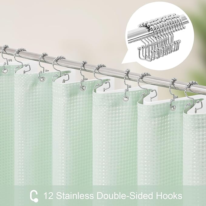 Craidlela 3 in 1 Extra Long Mint Green Shower Curtain Set-72 W x 84 H, Modern Waffle and PEVA Liner Set with 12 Stainless Steel Hooks, Waterproof Fabric for Bathroom