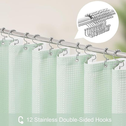 Craidlela 3 in 1 Extra Long Mint Green Shower Curtain Set-72 W x 84 H, Modern Waffle and PEVA Liner Set with 12 Stainless Steel Hooks, Waterproof Fabric for Bathroom