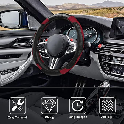 15" Car Steering Wheel Cover, Carbon Fiber Leather Stitching Elastic Steering Wheel Protector, Anti-Slip/Breathable/Durable/Soft, Interior Accessories for Most Cars (Carbon Fiber Black +Wine Red)