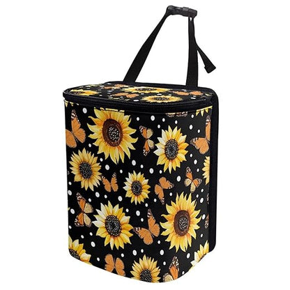 BIGCARJOB Sunflower Car Trash Bin Car Trash Can Bags Butterflies Print Hanging Accessories Trash Can Storage Bag for Women Girly Cute Car Trash Can with Lid Collapsible