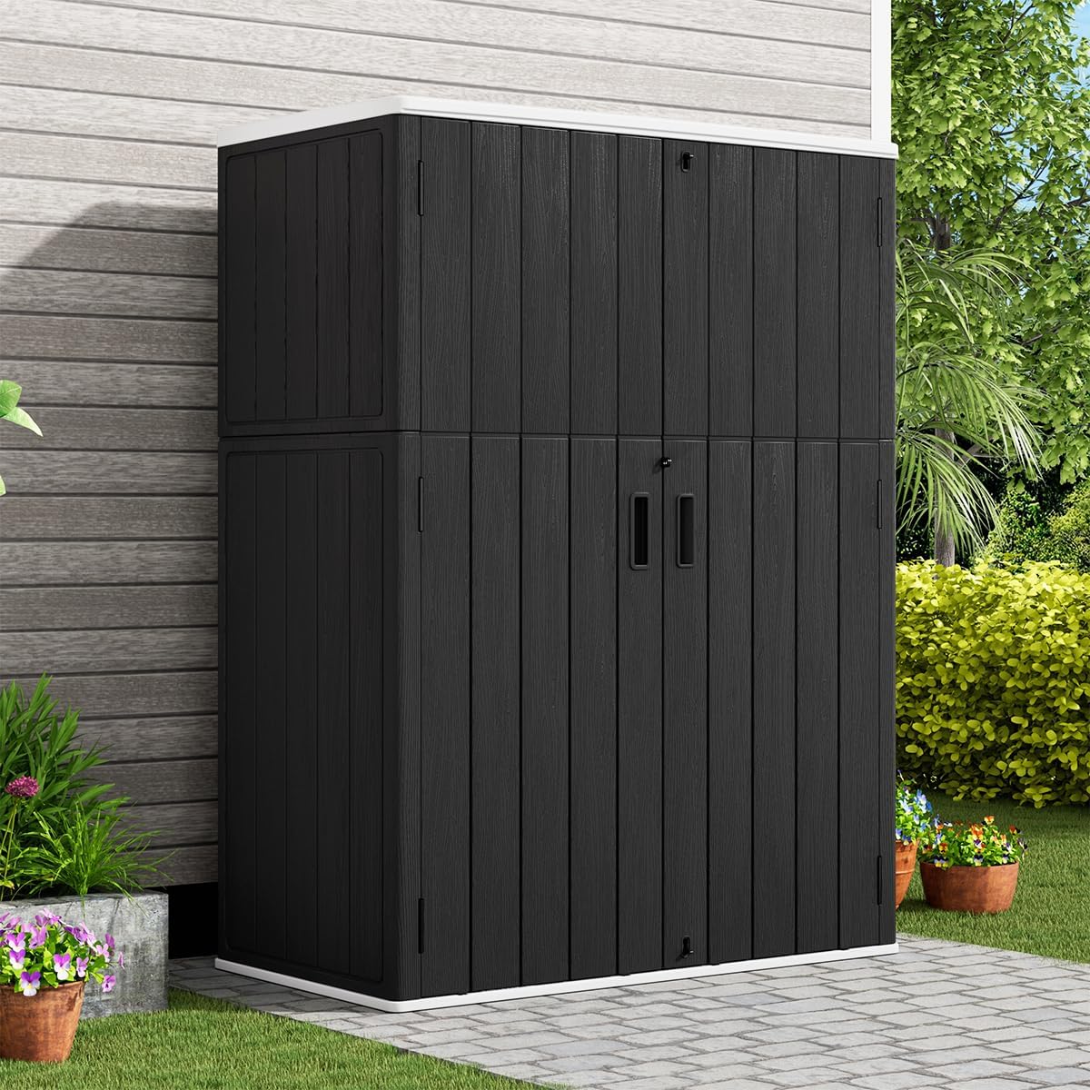 KINYING Outdoor Vertical Storage Shed,57 Cu.ft Outdoor Storage Cabinet Waterproof,Resin Sheds & Outdoor Storage Clearance for Garden,Patio,Backyard,Lockable (Black)