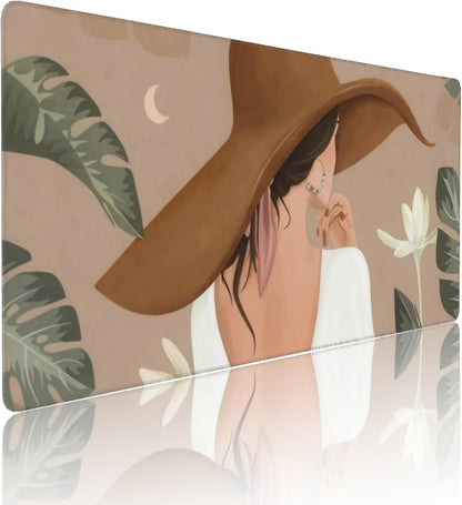 Elegant Lady Tropical Large Mouse Pad, Vintage Aesthetic Gaming Desk Mat, XXL Keyboard Desk Pad Mat for Desktop, 35.4"x15.7" Non-Slip Base Big Mousepad with Stitched Edges
