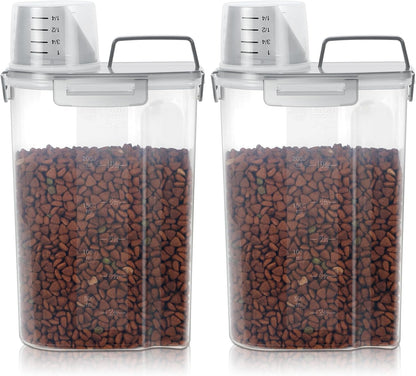 3-5Lbs Airtight Small Cat Dog Pet Food Storage Containers BPA Free, with Large Pour Spout/1 Measuring Cup/ 4 Safety Locks and Double-layer Silicone Strip (Clear Grey 2Pack)