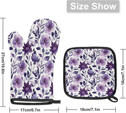 Flower Oven Mitts and Pot Holders Sets, 2 Pcs Purple Floral Decorative Kitchen Oven Glove for Cooking