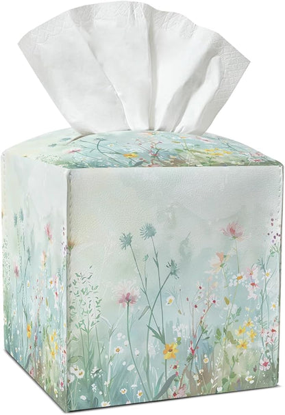 Watercolor Flowers Tissue Box Covers Square, Leather Tissue Box Holders Decorative for Car Nightstand Home Office Bathroom Organizer, Square Facial Paper Organizer Home Decor -010