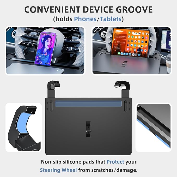 Steering Wheel Tray, Car Food Tray, Car Desk for Laptop, Multipurpose Car Table for Eating & Work, Adjustable Car Tray with Drawer and Anti-Slip Protective Adhesive