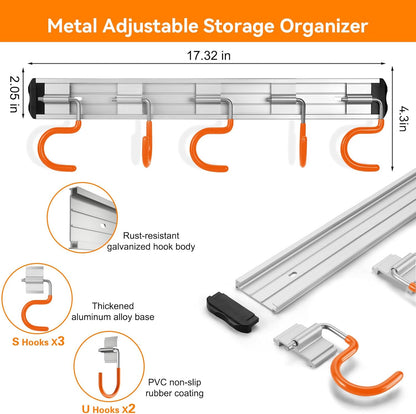 69'' Aluminum Alloy Garage Tool Organizer Hooks,Broom Holder Wall Mount, Adjustable Garden Wall Mount Holder for Hanging Shovel Broom Rake Bulk Items and More