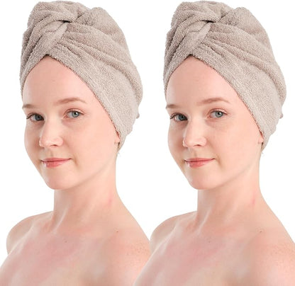 Seritaine Hair Towel Wrap for Women 2 Pack – 100% Turkish Cotton Turban for Wet Hair Quick Dry – Soft & Gentle Head Towel Cap– Soft and Absorbent Cotton - 10x26 inch
