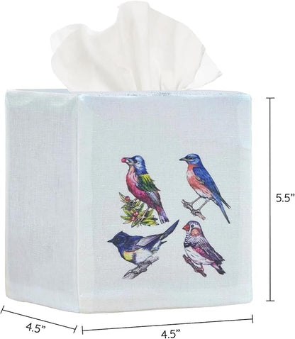 EmbroideryLinen.VN Tissue Box Cover Set of 2, Square Linen Tissue Holder, Printed Animal Pattern, 4.5x4.5x5.5 Inches, Decorative Holder for Bathroom, Living Room, Office (Four Birds)