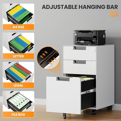 3 Drawer File Cabinet with Lock, Fully Assembled Metal Mobile Filing Cabinets