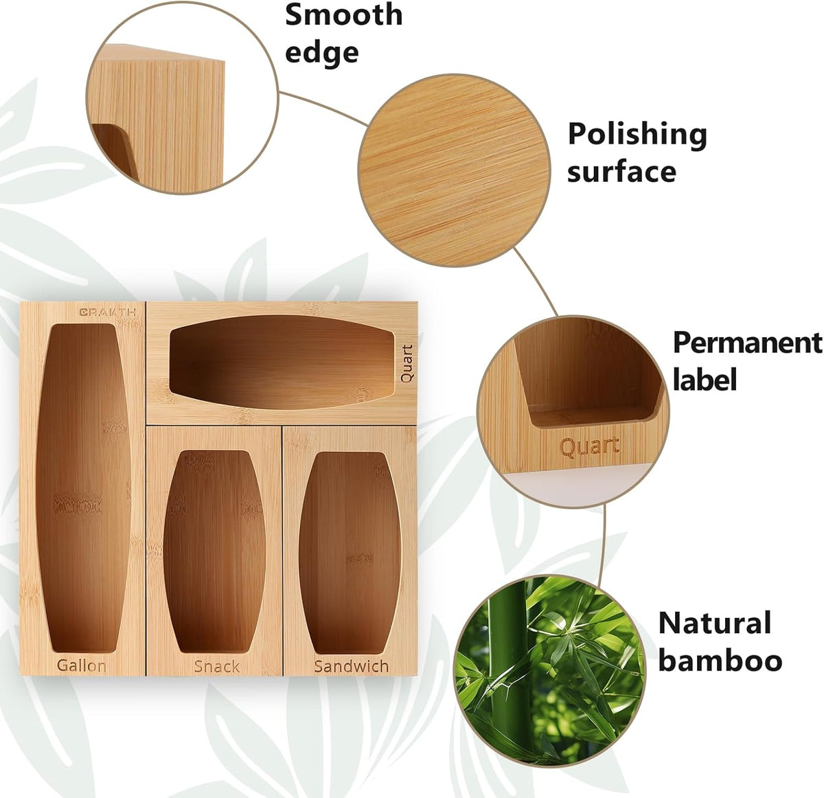 Bamboo Plastic Bag Storage Organizer for Kitchen Drawer, 4 Separate Baggie Organizer, Suitable for Gallon, Quart, Sandwich & Snack Variety Size Bag