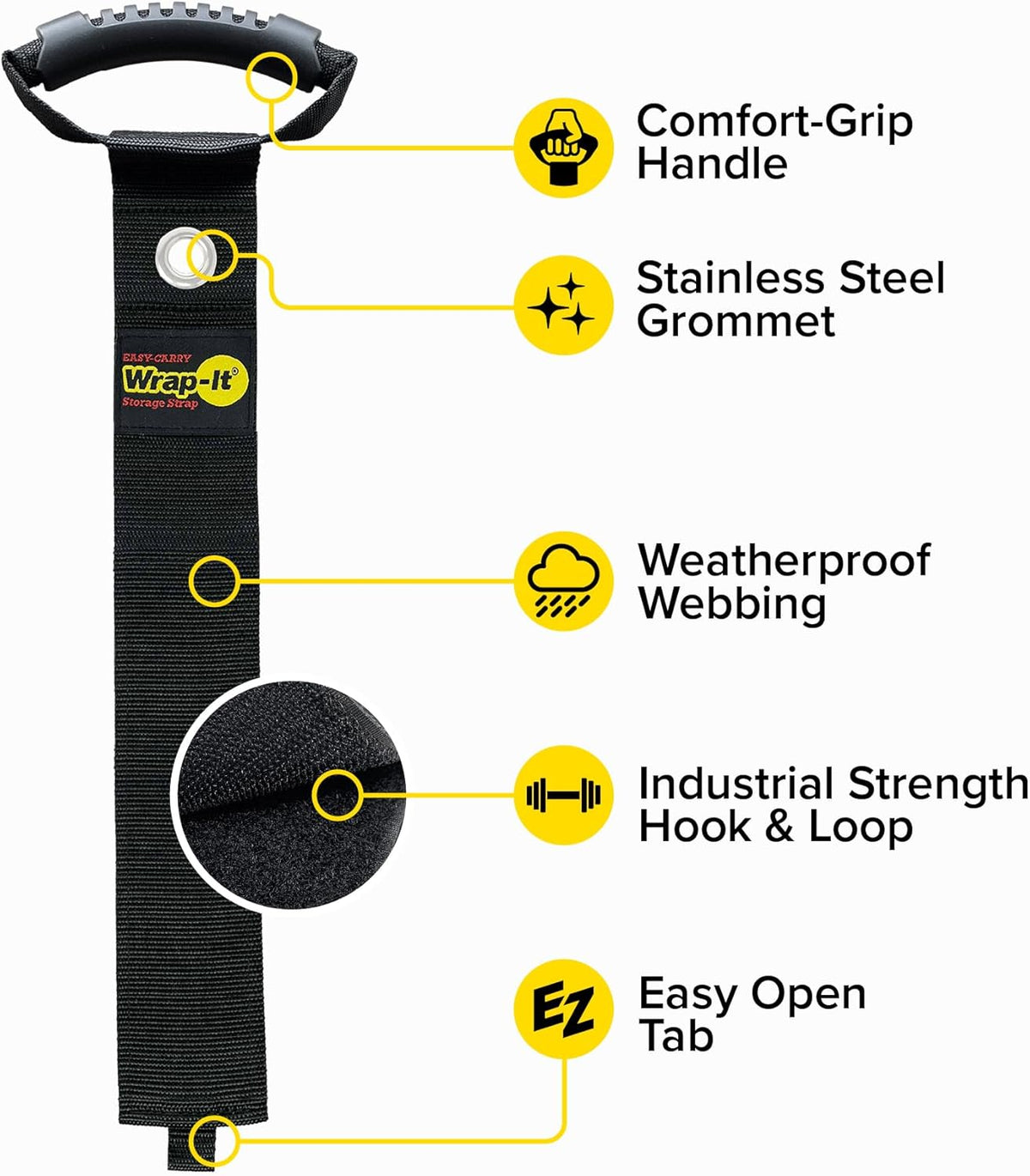 Easy-Carry Wrap-It Storage Straps - 48” (2-Pack) Black with Grommet - Garden Hose Caddy and Cord Wrap for Indoor and Outdoor Cable Organizing