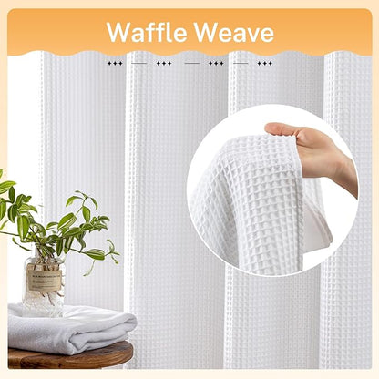 River Dream White Fabric Shower Curtain Set, Cotton Blend, Waffle Weave, with Snap in Replacement Liner，54 x 80 inches
