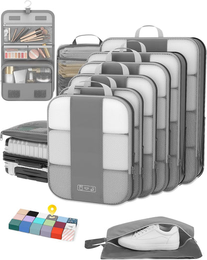10 Set Compression Packing Cubes for Travel Essentials,Compressible Expandable Packing Cubes for Suitcase,OlarHike Luggage Organizer Bags for Travel,Handy Helper for Organizing Clothes(Gray)