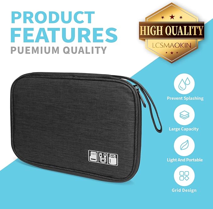 Electronics Organizer Travel Case,Electronic Accessories Storage Bag,Portable Waterproof Cable Organizer Bag,Travel Cord Organizer Bag for Small Charging Cord Storage,Cables,SD Card (Black)