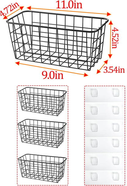 3 Set LeleCAT Adhesive Over the Cabinet Door Wire Baskets for Organizing for Kitchen Food Pantry Bathroom Shelf Storage No Drilling Wall Mounted,Black