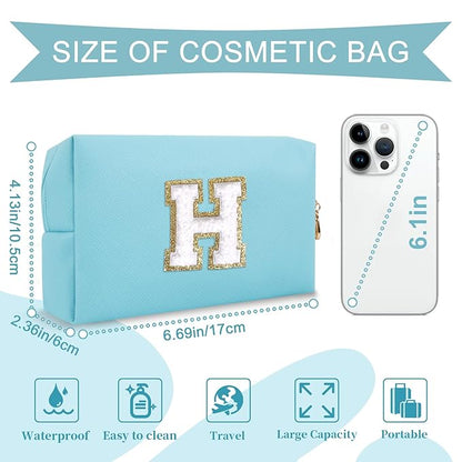Small Personalized Initial A-Z Preppy Patch Makeup Bag,PU Chenille Letter Travel Cosmetic Pouch with Zipper,Blue Cute Toiletry Bag,Gift Ideal for Teen Girls Women Teacher Bridesmaid,Letter H