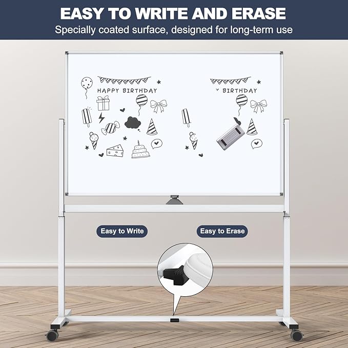 White Board on Wheels, 48 x 32 Inches Height-Adjustable Large Rolling Whiteboard