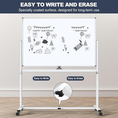 White Board on Wheels, 48 x 32 Inches Height-Adjustable Large Rolling Whiteboard