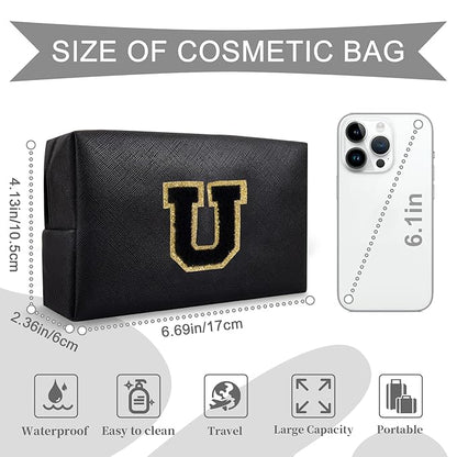 Personalized Initial A-Z Preppy Patch Makeup Bag,Small PU Chenille Letter Cosmetic Bag with Zipper for Teen Girls,Black Cute Toiletry Organizer Bag,Monogram Makeup Case Gift for Women Girls,Letter U