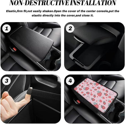 Dreaweet Strawberry Car Accessories Center Console Cover Cute Car Armrest Box Pad for Women Girly,Armrest Cover Protector for Vehicle SUV Truck Car Console Covers with Pockets