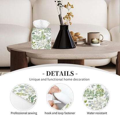 POIUBLE Green Leaves and Fern Tissue Box Cover Leather Tissue Box Holder Square Facial Paper Organizer Dispenser for Bathroom Kitchen Bedroom Vanity Countertop Night Stands