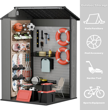 Devoko 4x4 FT Outdoor Shed, Compact & Secure Plastic Resin Storage with Lockable Door, Features Built-in Floor & Window for All-Weather Garden, Patio, and Poolside Organization, Deep Gray
