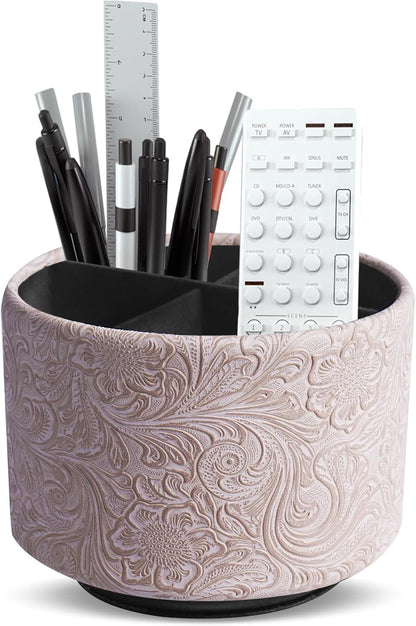 lizimandu Round Leather Art Supply Organizer,Remote Control Holder,360 Degree Spinning,Multi-Functional Pencil Holder,4 Compartments Desktop Stationary Organizer(1-Carved White)
