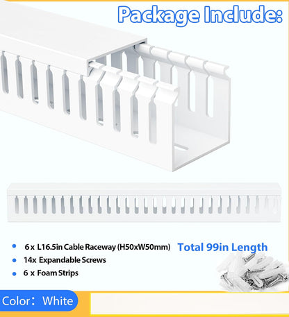ZhiYo 99in (6X L16.5in) Professional Server Rack Cable Management Raceway, H2 x W2in Cable Raceway Kit, Electrically Safe PVC Open Slot Wire Raceway for Under Desk/Computer/Network Cords, White