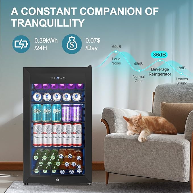 Beverage Refrigerator Cooler, 128 Cans 3.2 Cu.Ft Mini Fridge Glass Door