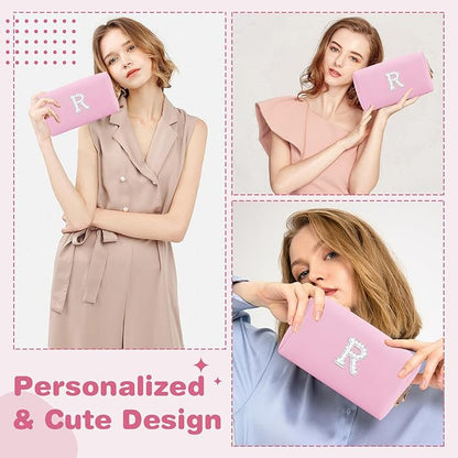 ChaoGreat Bride Gifts – Personalized Initial Makeup Bag with Pearl Rhinestone Patch, Preppy Pink Monogram Cosmetic/Toiletry Pouch, bridesmaid Gifts, Bridal Shower Gifts, Wedding Gifts, Bridal Gifts,R