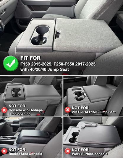 KBH Center Console Armrest Cover for 2015-2025 Ford F150, 2017-2025 F250 F350-F550, with 40/20/40 Jump Seat, Middle Console Protector, Vinyl Leather Interior Accessories, Anti-Scratch, Gray